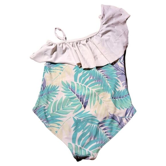Janie and Jack Tropical Palm Leaf Fronds One Shoulder Ruffle Swimsuit Sz 12 - Picture 2 of 3